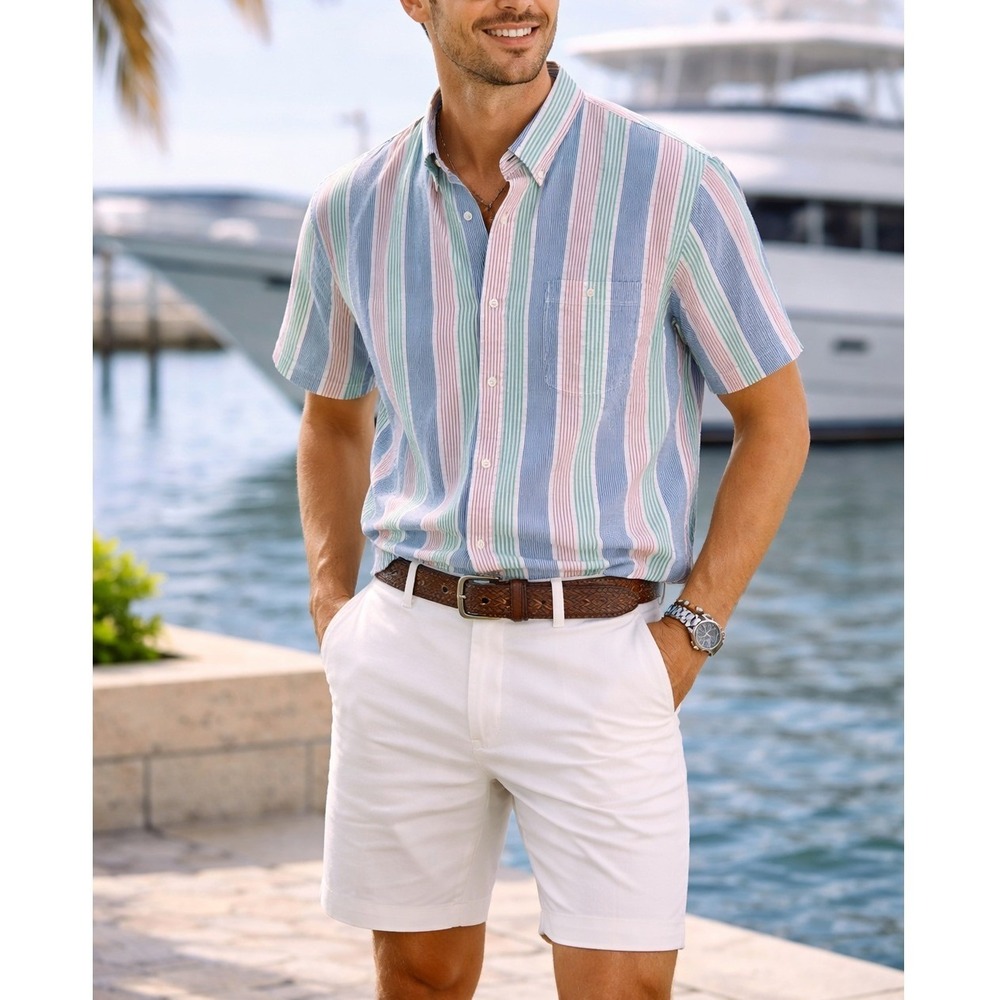 Lands' End Men's 2XL/Tall Seersucker Shirt Multi-Stripe Traditional Fit S/S
